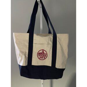 Trader Joes Canvas Tote Bag With Logo Navy & Beige 18"x14"